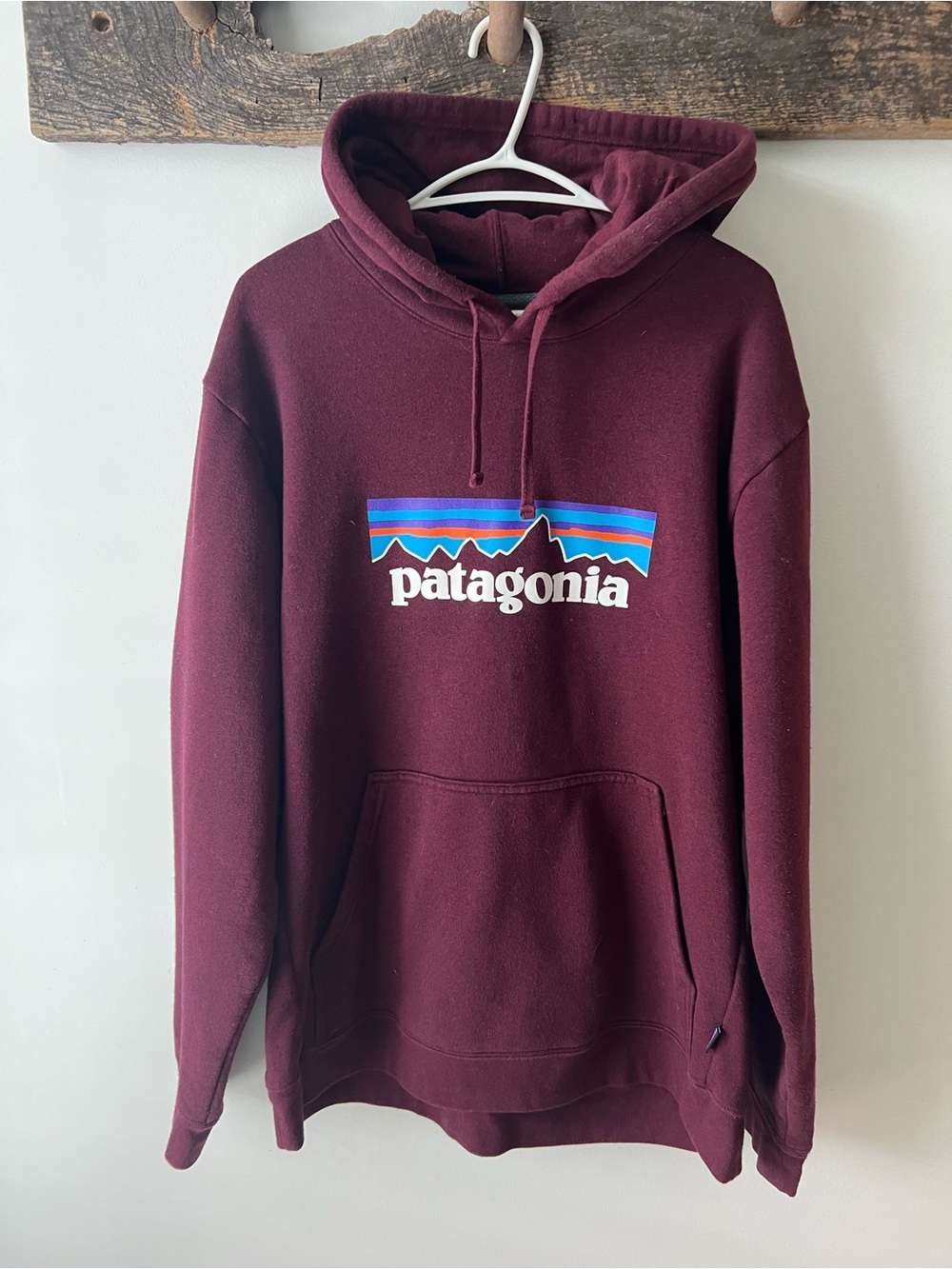 Patagonia Burgundy Pullover Hoodie with Logo Stripe